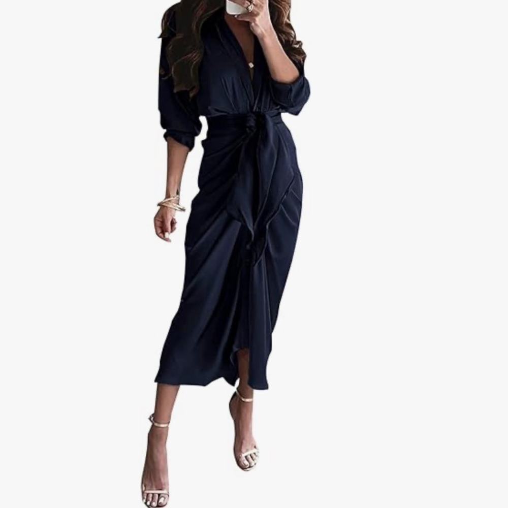 BTFBM Women Long Sleeve Button Down Satin Belted Elegant Ruched Shirt Dress